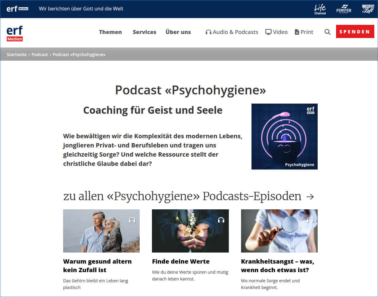 Beispiel Podcast: Psychohygiene – Coaching für Geist und Seele von ERF-Medien.ch.